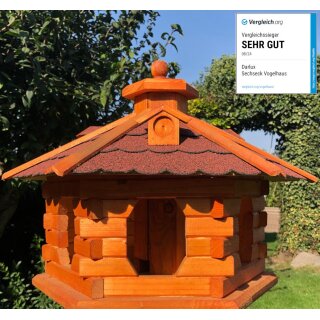 DARLUX Vogel Futter Haus XL Futterstelle Sechseck aus Holz Vogelhaus Braun/ Rot Vogelfutterhaus Wetterfest