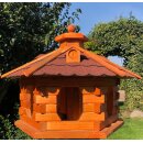DARLUX Vogel Futter Haus XL Futterstelle Sechseck Holz mit Ständer Braun/ Rot  Garten Vogelfutterhaus Wetterfest