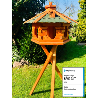 DARLUX Vogel Futter Haus XL Futterstelle Sechseck Holz mit Ständer Braun/ Grün Garten Vogelfutterhaus Wetterfest