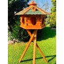 DARLUX Vogel Futter Haus XL Futterstelle Sechseck Holz mit Ständer Braun/ Grün Garten Vogelfutterhaus Wetterfest