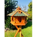 DARLUX Vogel Futter Haus XL Futterstelle Sechseck Holz mit Ständer Braun/ Grün Garten Vogelfutterhaus Wetterfest