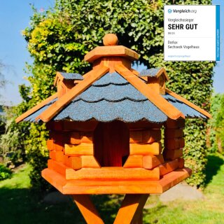 DARLUX Vogel Futter Haus L Sechseck Holz Vogelhaus Futterstelle Braun/ Blau Garten Vogelfutterhaus Wetterfest