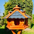 DARLUX Vogel Futter Haus L Sechseck Holz Vogelhaus Futterstelle Braun/ Blau Garten Vogelfutterhaus Wetterfest