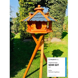 DARLUX Vogel Futter Haus L Sechseck Holz Vogelhaus mit Ständer Braun / Blau Garten Vogelfutterhaus Wetterfest