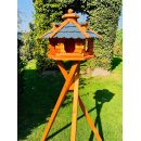 DARLUX Vogel Futter Haus L Sechseck Holz Vogelhaus mit Ständer Braun / Blau Garten Vogelfutterhaus Wetterfest