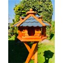 DARLUX Vogel Futter Haus L Sechseck Holz Vogelhaus mit Ständer Braun / Blau Garten Vogelfutterhaus Wetterfest