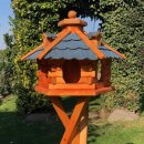 DARLUX Vogel Futter Haus L Sechseck Holz Vogelhaus mit Ständer Braun / Blau Garten Vogelfutterhaus Wetterfest