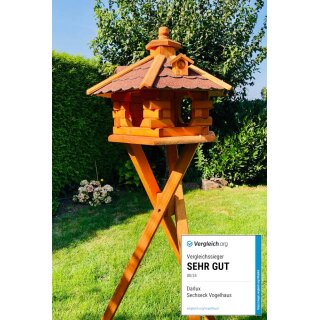 DARLUX Vogel Futter Haus L Sechseck Holz Vogelhaus mit Ständer Braun/ Rot Garten Vogelfutterhaus Wetterfest