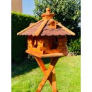DARLUX Vogel Futter Haus L Sechseck Holz Vogelhaus mit Ständer Braun/ Rot Garten Vogelfutterhaus Wetterfest