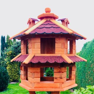 DARLUX Vogelvilla L Sechseck Doppelstock Holz Vogelhaus Futterstelle Braun/ Rot Garten Vogelfutterhaus Wetterfest