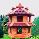 DARLUX Vogelvilla L Sechseck Doppelstock Holz Vogelhaus Futterstelle Braun/ Rot Garten Vogelfutterhaus Wetterfest