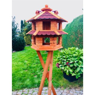 DARLUX Vogelvilla L Sechseck Doppelstock Holz Vogelhaus + Ständer Braun/Rot