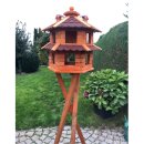 DARLUX Vogelvilla L Sechseck Doppelstock Holz Vogelhaus + Ständer Braun/ Rot Garten Vogelfutterhaus Wetterfest