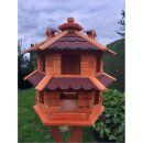 DARLUX Vogelvilla L Sechseck Doppelstock Holz Vogelhaus + Ständer Braun/ Rot Garten Vogelfutterhaus Wetterfest