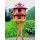 DARLUX Vogelvilla L Sechseck Doppelstock Holz Vogelhaus + Ständer Braun/ Rot Garten Vogelfutterhaus Wetterfest