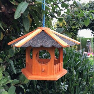 DARLUX Vogel Futter Haus Futterstelle Sechseck Holz-Vogelhaus Hängend Br./Dunkel