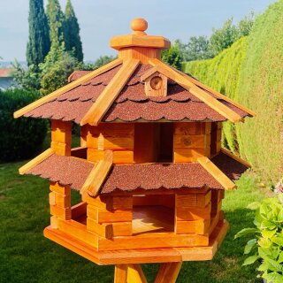 DARLUX Vogelvilla XL Futterstelle Sechseck Doppelstock Holz Vogelhaus Braun/ Rot Garten Vogelfutterhaus Wetterfest