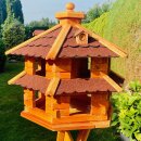 DARLUX Vogelvilla XL Futterstelle Sechseck Doppelstock Holz Vogelhaus Braun/ Rot Garten Vogelfutterhaus Wetterfest