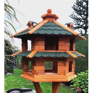 DARLUX Vogelvilla L Sechseck Doppelstock Holz Vogelhaus Futterstelle Braun/ Grün Garten Vogelfutterhaus Wetterfest