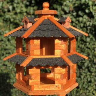 DARLUX Vogelvilla L Sechseck Doppelstock Holz Vogelhaus Futterstelle Braun  /Schwarz Garten Vogelfutterhaus Wetterfest