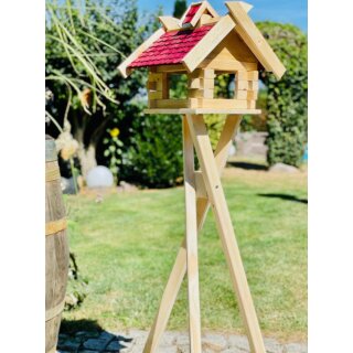 DARLUX Rechteckiges Vogelhaus Vogel Futterstelle aus Holz + Ständer Natur/Rot