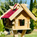 DARLUX Rechteckiges Vogelhaus Vogel Futterstelle aus Holz + Ständer Natur/Rot
