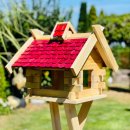 DARLUX Rechteckiges Vogelhaus Vogel Futterstelle aus Holz + Ständer Natur/Rot