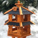 DARLUX Vogelvilla L Sechseck Doppelstock Holz Vogelhaus Futterstelle Braun/ Blau Garten Vogelfutterhaus Wetterfest