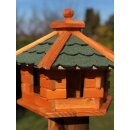 DARLUX Vogelfutterhaus M I Futterstelle I Sechseck Vogelhaus I aus Holz I Braun/ Grün I Garten I Vogelfutterhaus I Wetterfest