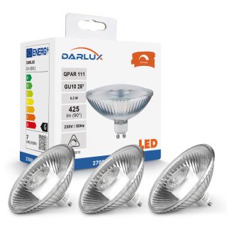 3x LED Reflektorlampe QPAR111 6,5W Leuchtmittel GU10 Glas Reflektor 24° Warmweiß
