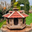 DARLUX Vogel Futter Haus L Futterstelle Sechseck Holz Vogelhaus Braun/ Rot Vogelfutterhaus Wetterfest