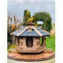 DARLUX Vogel Futter Haus L Futterstelle Sechseck Holz Vogelhaus Braun/ Blau Vogelfutterhaus Wetterfest