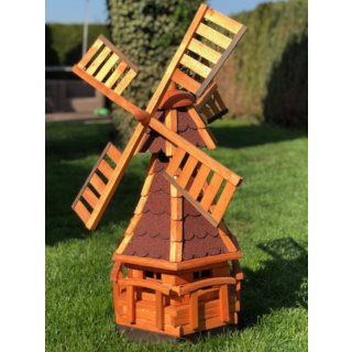 DARLUX Sechseck Garten-Windmühle aus Holz kugelgelagert Braun/Rot Höhe 95 cm