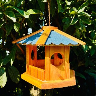DARLUX Vogel Futter Haus Futterstelle Sechseck Holz Vogelhaus Hängend Braun/Blau