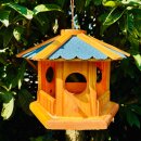 DARLUX Vogel Futter Haus Futterstelle Sechseck Holz Vogelhaus Hängend Braun/Blau