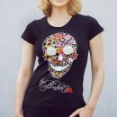 BANKROTT Design Damen T-Shirt - Totenkopf mit Blumen -...