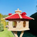 DARLUX Vogelfutterhaus XL Sechseck Vogelhaus aus Holz + Ständer Natur/Rot