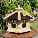 DARLUX Vogel Futter Haus L Futterstelle Sechseck Holz Vogelhaus Natur/ Dunkelbraun Vogelfutterhaus Wetterfest