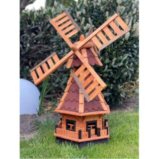 DARLUX Sechseck Garten-Windmühle XL aus Holz kugelgelagert Braun/Rot H-95 cm