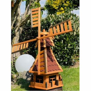 DARLUX  Sechseck Garten-Windmühle XXL aus Holz kugelgelagert Braun/Rot H-120 cm
