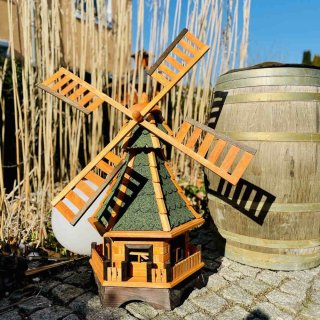 DARLUX Sechseck Garten-Windmühle XXL aus Holz kugelgelagert Braun/Grün H-120 cm