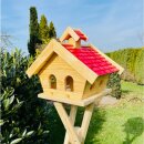 DARLUX Rechteckiges Holzvogelhaus L Vogel Futterhaus + Ständer Natur/Rot