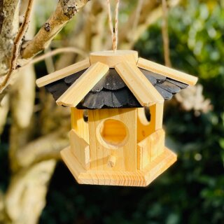 DARLUX Sechseck Holz Vogel Futter Haus S Ø 22 cm Futterstelle Hängend Natur/Schwarz