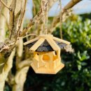 DARLUX Sechseck Holz Vogel Futter Haus S Ø 22 cm Futterstelle Hängend Natur/Schwarz