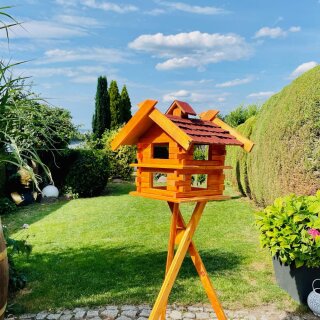 DARLUX Rechteckige Vogelvilla XL Doppelstock Vogelhaus + Ständer Holz Braun/ Rot Garten Vogelfutterhaus Wetterfest