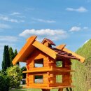 DARLUX Rechteckige Vogelvilla XL Doppelstock Vogelhaus + Ständer Holz Braun/ Rot Garten Vogelfutterhaus Wetterfest