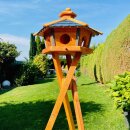 DARLUX Vogel Futter Haus L Sechseck Holz Vogelhaus + Ständer Braun/ Blau