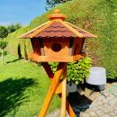 DARLUX Vogel Futter Haus XL Sechseck Holz Vogelhaus + Ständer Braun/ Rot Garten Vogelfutterhaus Wetterfest
