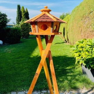 DARLUX Vogel Futter Haus L Sechseck Holz Vogelhaus + Ständer Braun/ Rot