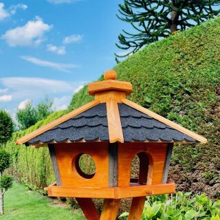 DARLUX Vogel Futter Haus XL Sechseck Holz Vogelhaus Futterstelle Braun/ Schwarz Garten Vogelfutterhaus Wetterfest